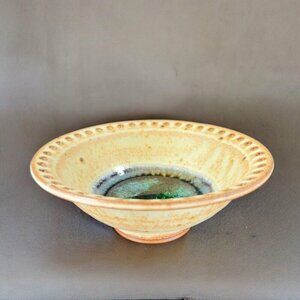 Hand Made Pottery Dish Bowl With Recycle Crystalline Glass Center Dots Center